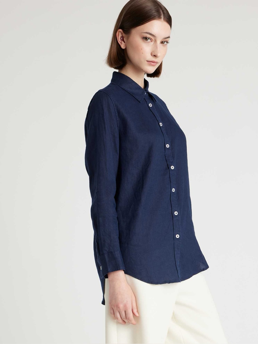 Quince 100% European linen long sleeve shirt button down collared top deep navy